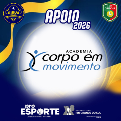 Card de Apoio 2026 do Giruá Futsal. O design mantém o padrão visual com fundo azul escuro e ondas amarelas, trazendo agora o título 'APOIO 2026' no topo. Centralizado em um círculo branco, destaca-se o logotipo da Academia Corpo em Movimento: um ícone estilizado de uma pessoa em movimento nas cores azul e preto, seguido pelo nome da academia. Na base, constam os selos do Giruá Futsal, Liga Gaúcha, Pró-Esporte e Governo do RS.