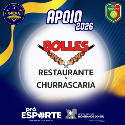 Card de Apoio 2026 do Giruá Futsal. Segue o padrão visual azul e amarelo, destacando ao centro o logotipo do Bolles Restaurante & Churrascaria: o nome 'BOLLES' em letras vermelhas sobre o desenho de dois espetos de churrasco cruzados, com o texto informativo logo abaixo.