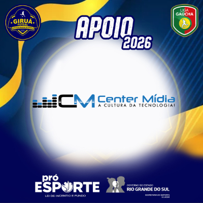Card de Apoio 2026 do Giruá Futsal. Segue o padrão visual azul e amarelo, destacando ao centro o logotipo da Center Mídia: as iniciais 'CM' em destaque, precedidas por um ícone de barras de equalização sonora em tons de azul e preto, seguidas pelo nome da empresa e o slogan 'A cultura da tecnologia'.