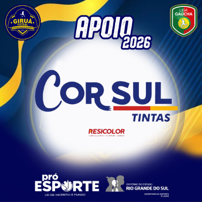 Card de Apoio 2026 do Giruá Futsal. Segue o padrão visual azul e amarelo, destacando ao centro o logotipo da Cor Sul Tintas: o nome da marca em letras azuis cursivas com um sublinhado nas cores da bandeira do Rio Grande do Sul, acompanhado pela marca Resicolor logo abaixo.