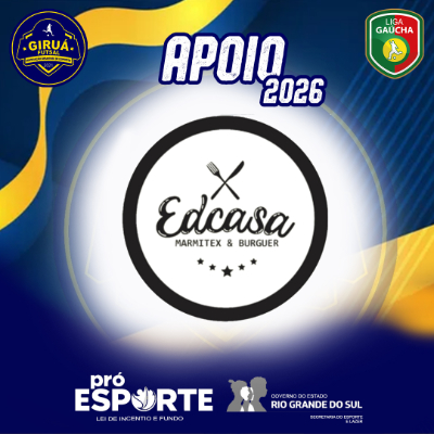 Card de Apoio 2026 do Giruá Futsal. Segue o padrão visual azul e amarelo, destacando ao centro o logotipo da Edcasa: um círculo preto contendo o ícone de um garfo e uma faca cruzados acima do nome 'Edcasa' em letras cursivas, seguido pelo texto 'Marmitex & Burguer' e cinco pequenas estrelas na base.