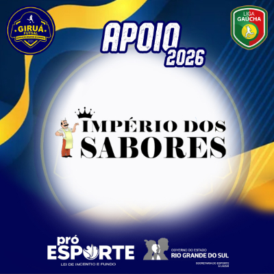 Card de Apoio 2026 do Giruá Futsal. Segue o padrão visual azul e amarelo, destacando ao centro o logotipo do Império dos Sabores: a ilustração de um chef de cozinha à esquerda de uma coroa preta posicionada acima do nome 'Império dos Sabores' em letras pretas imponentes.