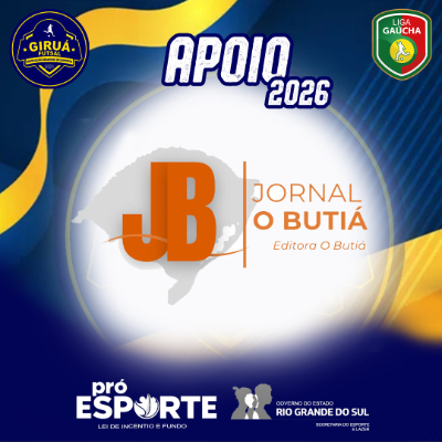 Card de Apoio 2026 do Giruá Futsal. Segue o padrão visual azul e amarelo, destacando ao centro o logotipo do Jornal O Butiá: as iniciais 'JB' em laranja sobrepostas ao mapa do Rio Grande do Sul em cinza, acompanhadas pelo nome 'Jornal O Butiá' e 'Editora O Butiá' à direita.