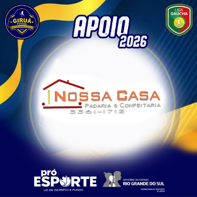 Card de Apoio 2026 do Giruá Futsal. Segue o padrão visual azul e amarelo, destacando ao centro o logotipo da Nossa Casa Padaria & Confeitaria: o desenho estilizado do contorno de um telhado vermelho sobre o nome da marca em letras laranjas e contorno cinza, acompanhado pelo telefone de contato logo abaixo.