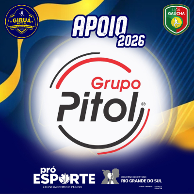 Card de Apoio 2026 do Giruá Futsal. Segue o padrão visual azul e amarelo com círculo central branco, destacando o logotipo do Grupo Pitol: o nome 'Grupo Pitol' em letras pretas e vermelhas, envolvido por dois arcos finos, um vermelho e outro preto, que sugerem movimento circular.