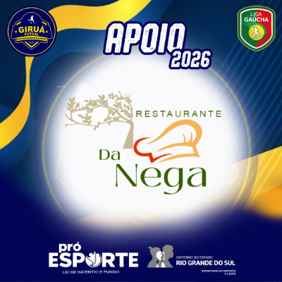 Card de Apoio 2026 do Giruá Futsal. Segue o padrão visual azul e amarelo com círculo central branco, destacando o logotipo do Restaurante da Nega: à esquerda, a ilustração de uma árvore de butiá em tons de verde e marrom; à direita, o desenho de um chapéu de mestre-cuca (toque blanche) em laranja sobre o nome 'Da Nega' em letras verdes.