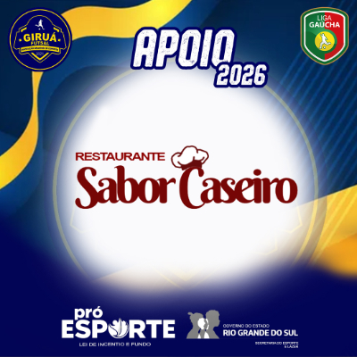 Card de Apoio 2026 do Giruá Futsal. Segue o padrão visual azul e amarelo com círculo central branco, destacando o logotipo do Restaurante Sabor Caseiro: o nome da marca escrito em letras cursivas de cor vinho, com um pequeno desenho de chapéu de mestre-cuca (toque) posicionado acima da letra 'C'.