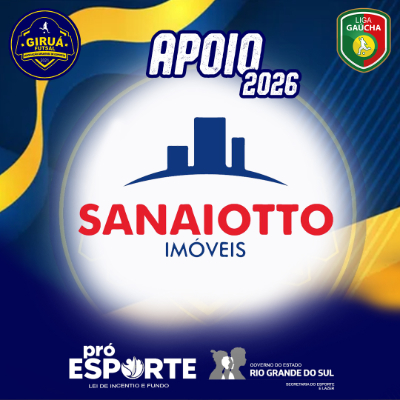 Card de Apoio 2026 do Giruá Futsal. Segue o padrão visual azul e amarelo com um círculo central branco iluminado. Destaca-se o logotipo da Sanaiotto Imóveis: um ícone azul composto por três retângulos de alturas diferentes que remetem a prédios, posicionados sobre uma linha curva. Abaixo, o nome 'SANAIOTTO' em letras vermelhas maiúsculas e a palavra 'IMÓVEIS' em azul.