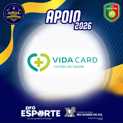 Card de Apoio 2026 do Giruá Futsal. Segue o padrão visual azul e amarelo com círculo central branco iluminado. Destaca-se o logotipo do Vida Card: um ícone verde em formato de coração estilizado com uma cruz médica branca no centro, seguido pelo nome 'VIDA CARD' e o texto 'Cartão de Saúde' em tons de verde.