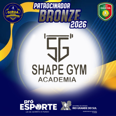 Card de Patrocinador Bronze 2026 do Giruá Futsal. Segue o padrão visual azul e amarelo, destacando ao centro o logotipo da Shape Gym: as iniciais 'SG' estilizadas com um ícone de barra de musculação no topo, seguidas pelo nome 'Shape Gym Academia' em letras pretas