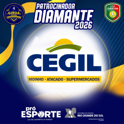 Card de Patrocinador Diamante 2026 do Giruá Futsal. O design possui fundo azul escuro com ondas amarelas fluidas e uma textura de linhas diagonais. No centro, dentro de um grande círculo branco iluminado, está o logotipo da CEGIL em letras azuis, acompanhado pelo ícone de um sol verde e amarelo e a legenda 'Moinho, Atacado e Supermercados'. No topo, os selos do Giruá Futsal, da Liga Gaúcha e o título 'Patrocinador Diamante 2026'. Na base, as marcas do Pró-Esporte e do Governo do Estado do Rio Grande do Sul.