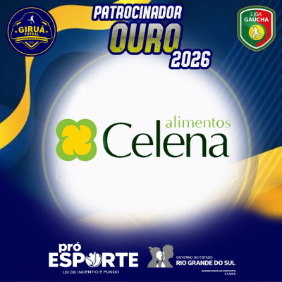 Card de Patrocinador Ouro 2026 do Giruá Futsal. O design possui fundo azul escuro com ondas amarelas e o título 'Patrocinador Ouro 2026' no topo. Centralizado em um círculo branco, destaca-se o logotipo da Celena Alimentos: um ícone de trevo de quatro folhas amarelo com contorno verde ao lado do nome da marca. Inclui os selos do Giruá Futsal, Liga Gaúcha, Pró-Esporte e Governo do Estado do Rio Grande do Sul.