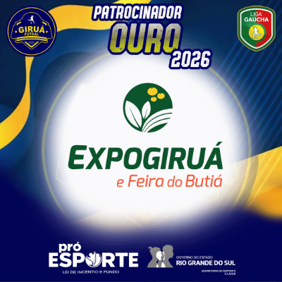 Card de Patrocinador Ouro 2026 do Giruá Futsal. Segue o padrão visual azul e amarelo, destacando ao centro o logotipo da ExpoGiruá e Feira do Butiá: um círculo verde com ícones de folhas e frutos, acima do nome do evento em letras verdes e laranjas