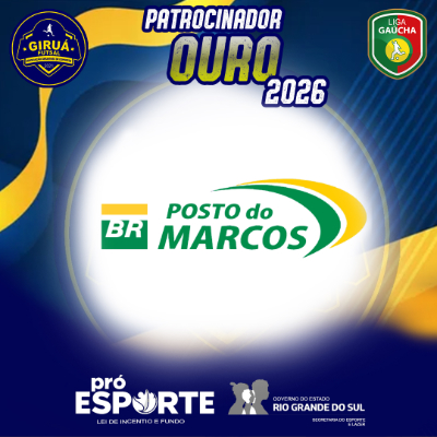 Card de Patrocinador Ouro 2026 do Giruá Futsal. Segue o padrão visual azul e amarelo, destacando ao centro o logotipo do Posto do Marcos: a marca 'BR' em verde e branco dentro de um quadrado amarelo, seguida pelo nome do posto com arcos estilizados em verde e amarelo acima do texto.