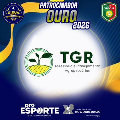 Card de Patrocinador Ouro 2026 do Giruá Futsal. Mantém o padrão visual azul e amarelo com círculo central branco, destacando o logotipo da TGR: um ícone circular com uma planta brotando sobre um solo arado, seguido pela sigla TGR em letras grandes verdes e o texto 'Assessoria e Planejamento Agropecuários'