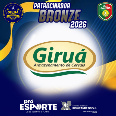 Card de Patrocinador Bronze 2026 do Giruá Futsal. O design mantém o fundo azul escuro com ondas amarelas, mas traz o título 'Patrocinador Bronze 2026' no topo. Centralizado em um círculo branco, destaca-se o logotipo da Giruá Armazenamento de Cereais: o nome 'Giruá' em letras verdes dentro de uma moldura oval bege, com uma linha fluida verde na base. Inclui os selos do Giruá Futsal, Liga Gaúcha, Pró-Esporte e Governo do RS.