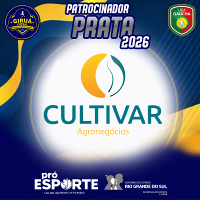 Card de Patrocinador Prata 2026 do Giruá Futsal. O design possui fundo azul escuro com ondas amarelas e o título 'Patrocinador Prata 2026' no topo. Centralizado num círculo branco, destaca-se o logotipo da Cultivar: um ícone circular dividido entre uma metade amarela e uma silhueta de folha verde, acima do nome 'CULTIVAR' em letras maiúsculas verdes e o texto 'Agronegócios' em laranja. Inclui os selos do Giruá Futsal, Liga Gaúcha, Pró-Esporte e Governo do Estado do Rio Grande do Sul.