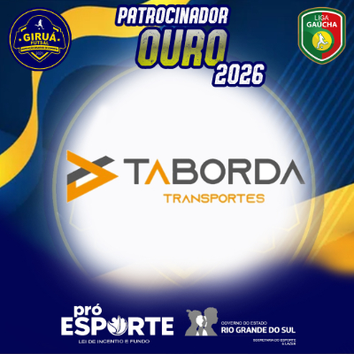 Card de Patrocinador Ouro 2026 do Giruá Futsal. Segue o padrão visual azul e amarelo, destacando ao centro o logotipo da Taborda Transportes: um ícone estilizado à esquerda formado por setas em cinza e laranja, seguido pelo nome da empresa com a letra 'A' personalizada em laranja.