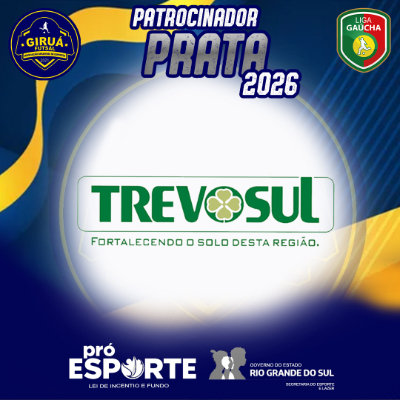 Card de Patrocinador Prata 2026 do Giruá Futsal. Segue o padrão visual azul e amarelo, destacando ao centro o logotipo da Trevosul: o nome da marca em letras verdes com um trevo de quatro folhas estilizado no lugar da letra 'O', acompanhado pelo slogan 'Fortalecendo o solo desta região'