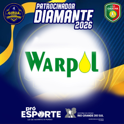 Card de Patrocinador Diamante 2026 do Giruá Futsal. Segue o padrão visual anterior, destacando ao centro o logotipo da Warpol em letras verdes, onde a letra 'O' é representada por uma gota amarela.