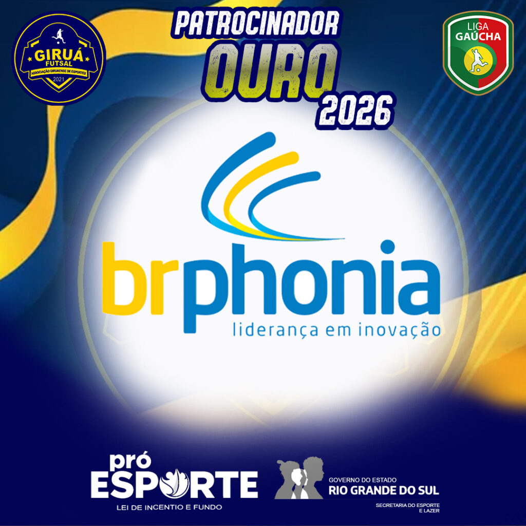 Card de Patrocinador Ouro 2026 do Giruá Futsal. Segue o padrão visual azul e amarelo, destacando ao centro o logotipo da Brphonia: um ícone estilizado na parte de cima formado por uma curva em formato de 3 letras C nas cores azuis e na cental em cor amarela. Abaixo em letras minúsculas com as letras b e r em amarelo e as letras p, h , o, n, i e a com as letras em azul